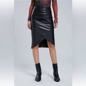 MICAS NWT Black Faux Leather Wrap Midi Skirt Tulip Hem Size L